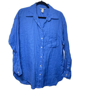 H&M Linen Shirt Women's Sz Medium Royal Blue 100% Linen Long Sleeve Button Down